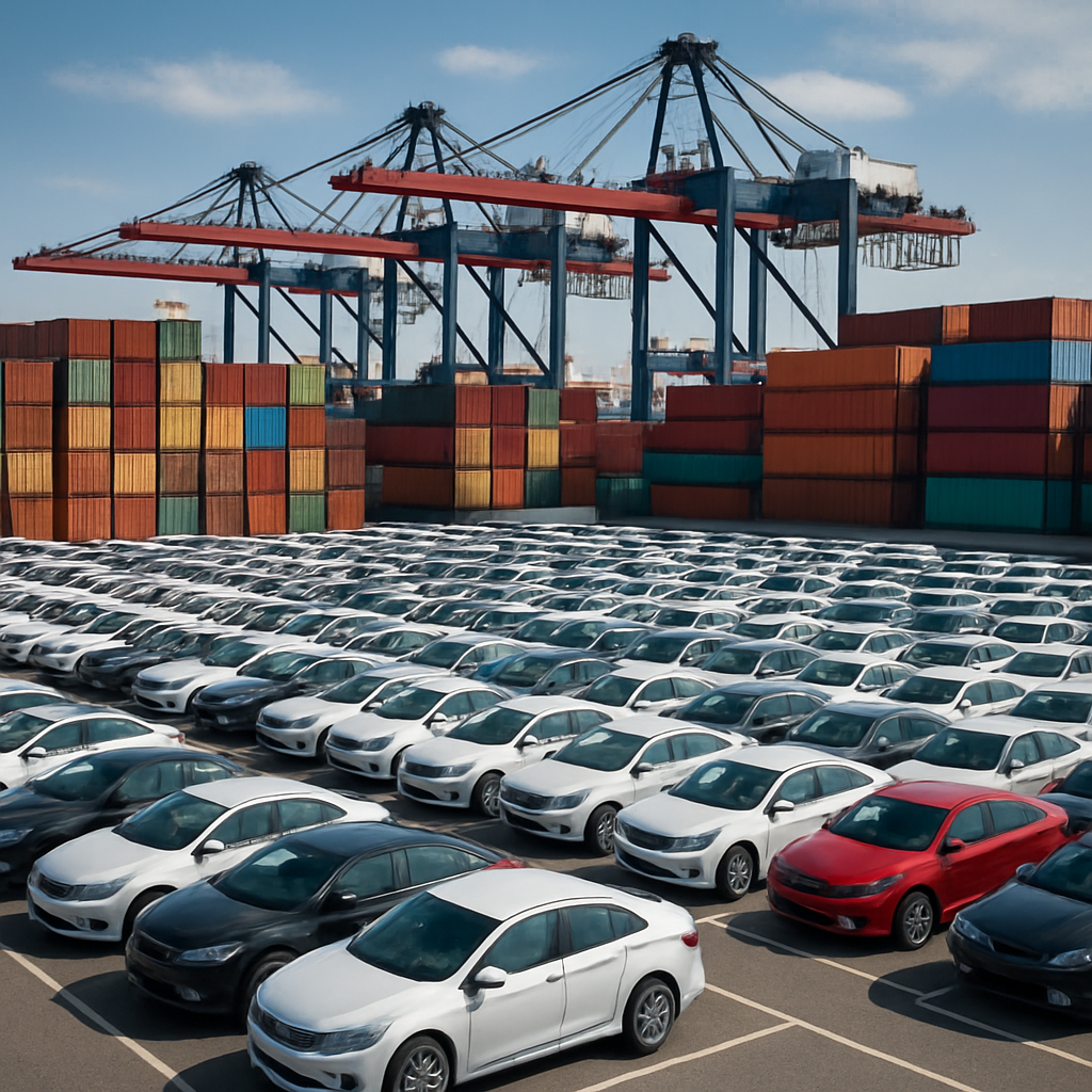 Exportfahrzeuge und Container im Hafen