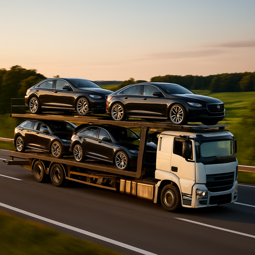 Fahrzeugtransporter mit Premiumfahrzeugen auf der Autobahn